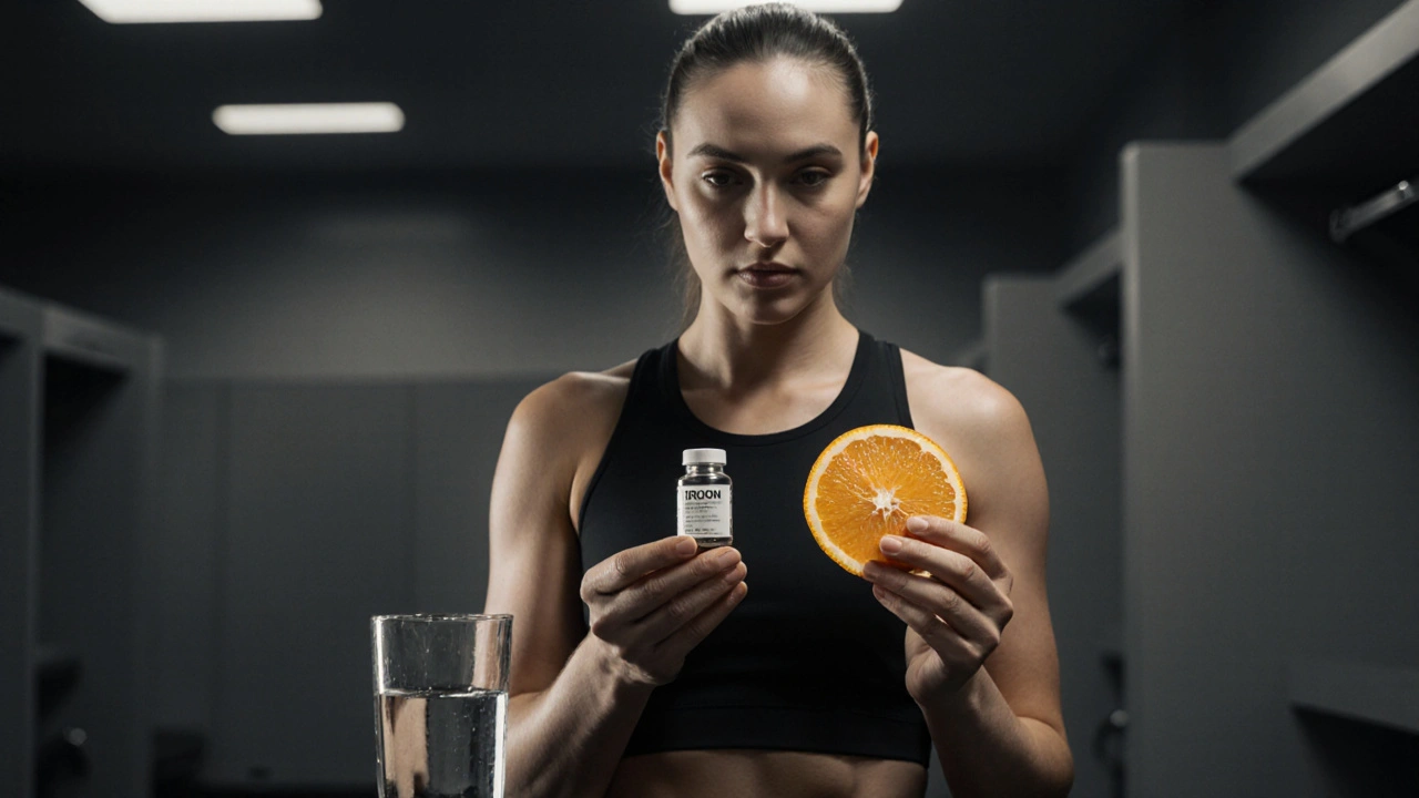 Athlète tenant un supplément de fer et une tranche d'orange dans un vestiaire.