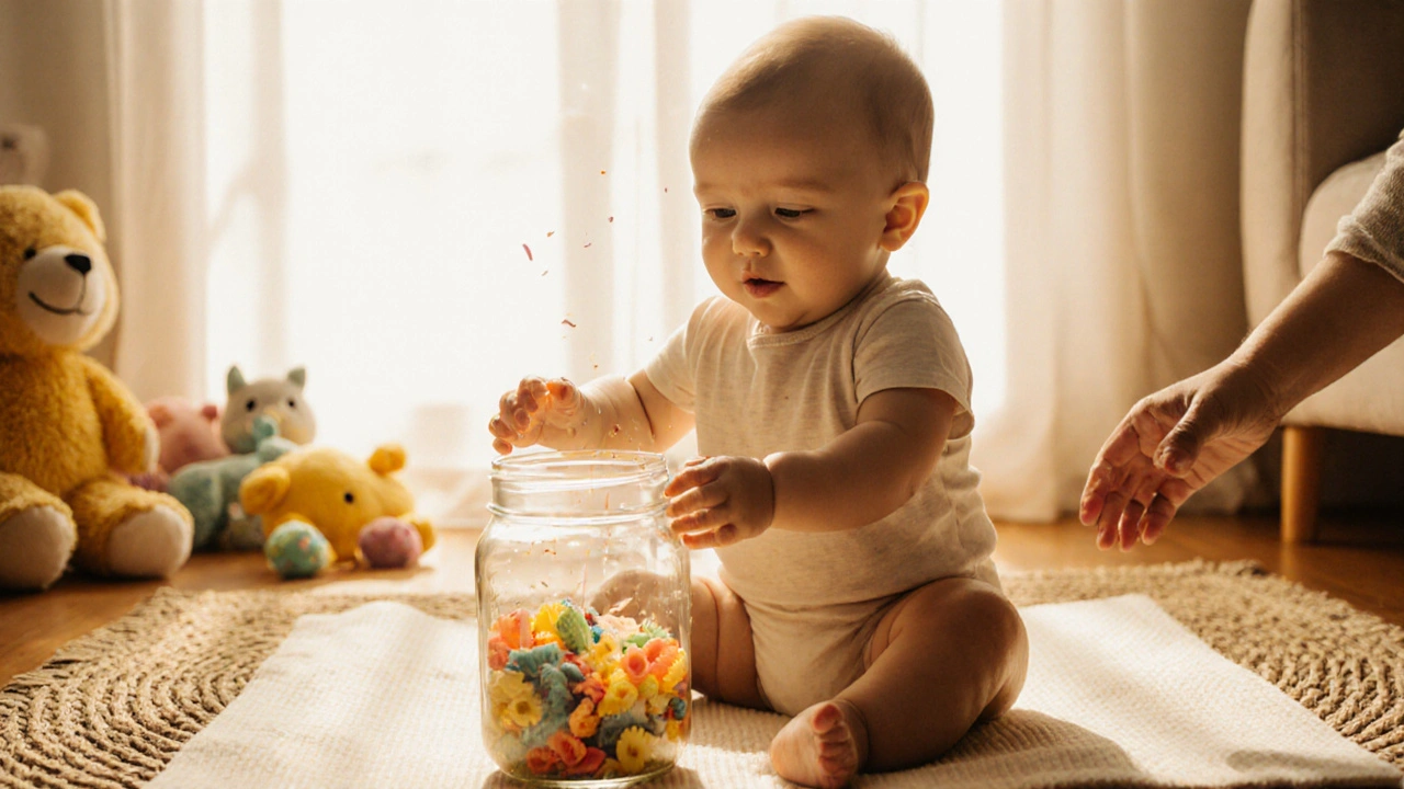 Bébé de 5 mois secoue un bocal de pâtes colorées, observé par un parent, lumière dorée.