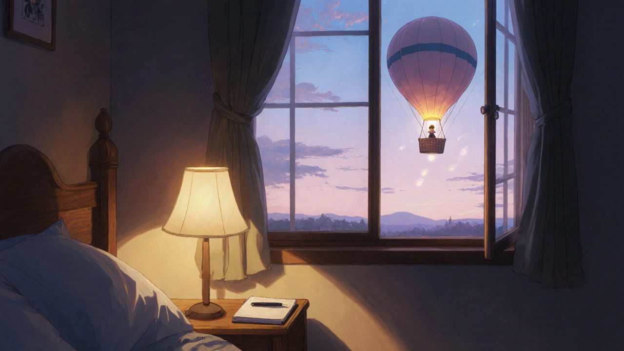 Chambre cosy avec journal, ballon chaud flottant à la fenêtre, ambiance douce.