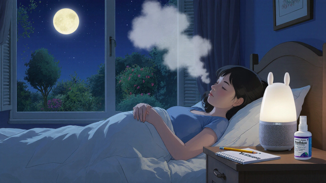 Chambre paisible la nuit, avec une femme enceinte endormie, un humidificateur et un spray nasal sur la table de nuit.