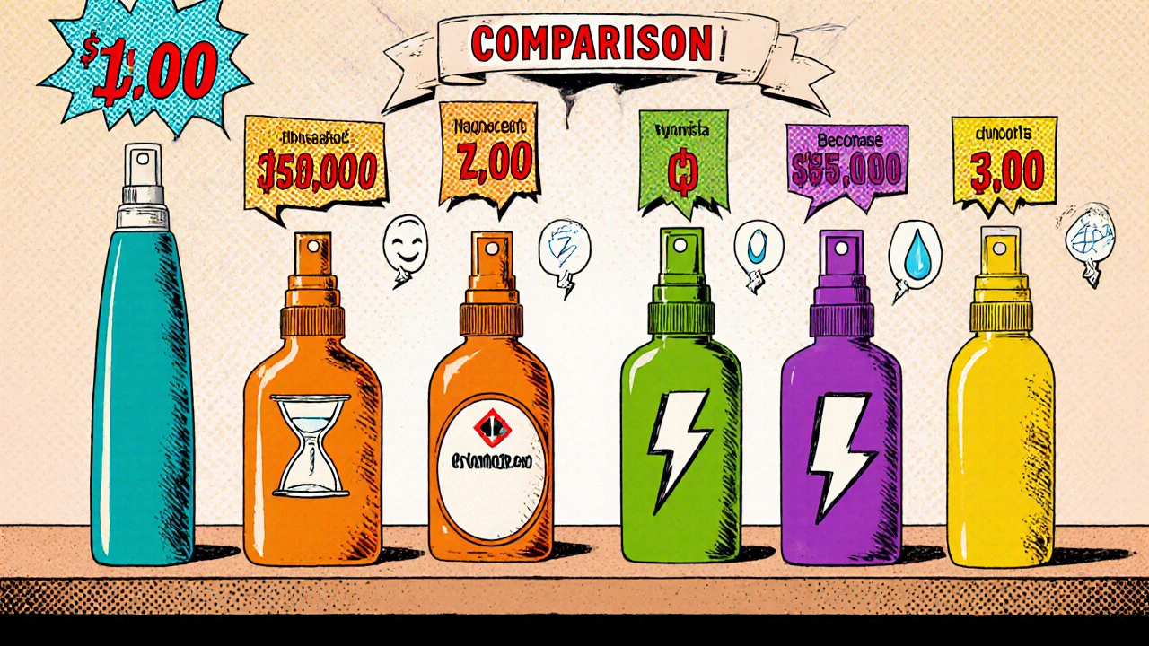 Comparaison graphique des sprays nasaux Flonase, Nasacort, Rhinocort, Dymista et Beconase.