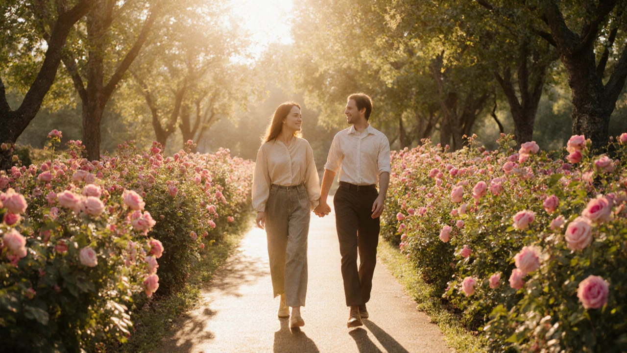 Couple heureux marchant main dans la main dans un jardin fleuri.