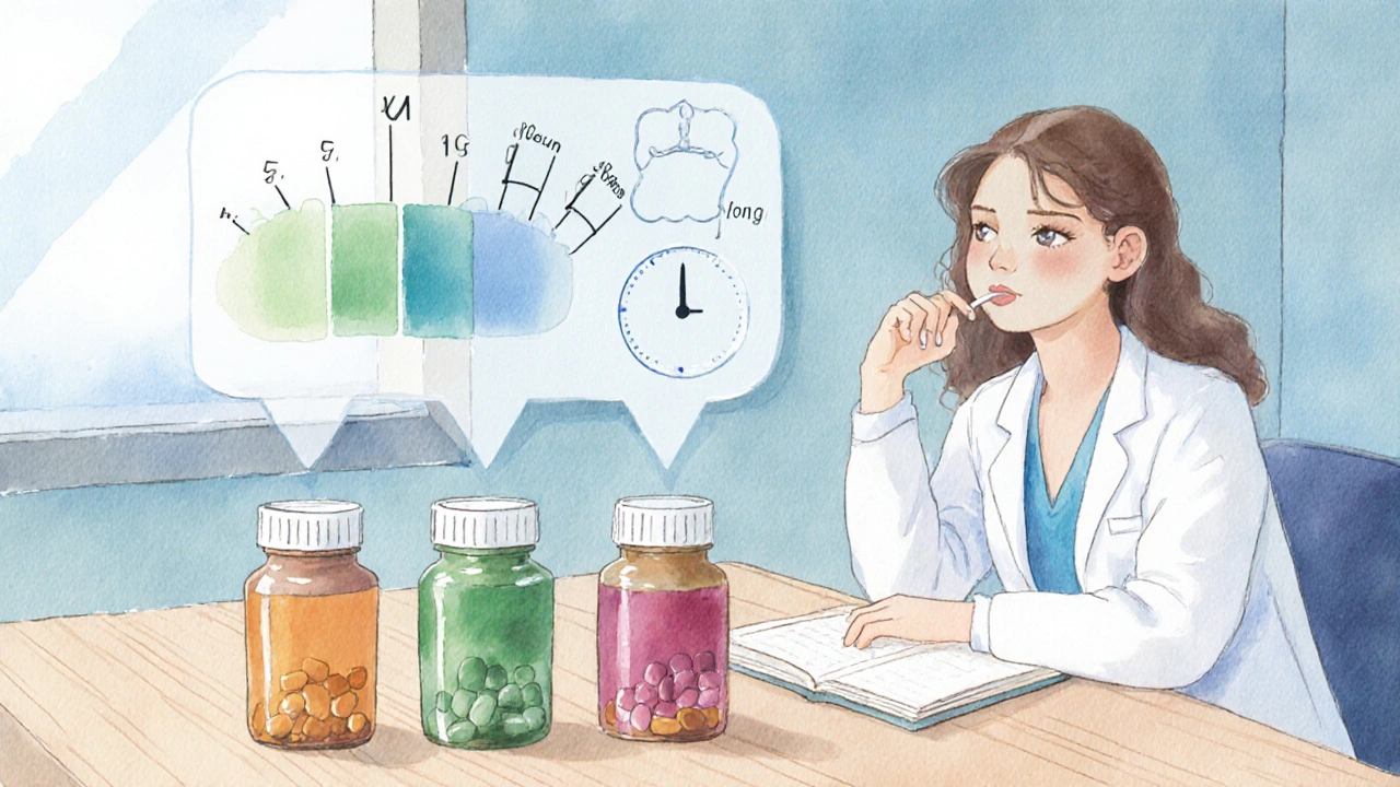 Disposition d'antihistaminiques avec barres de sédation et horloges illustrant la durée d'action, observée par un médecin.