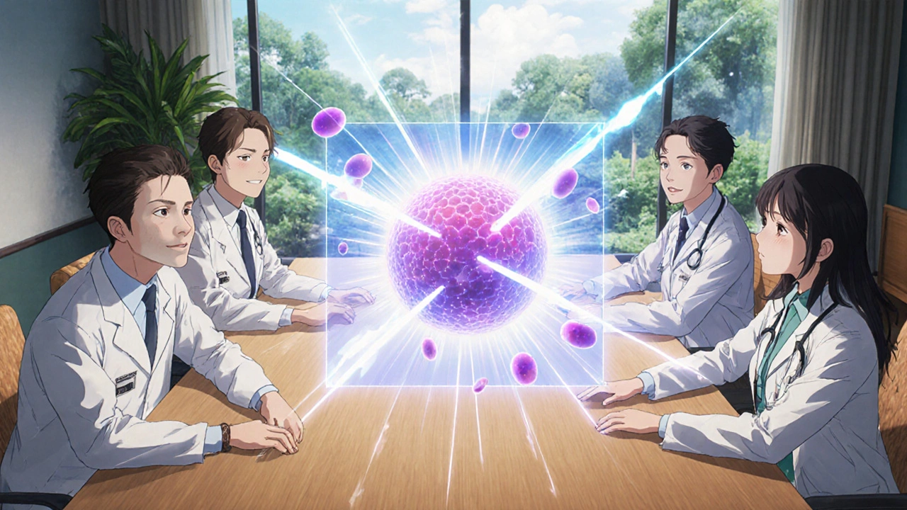 Équipe multidisciplinaire autour d’un hologramme tumoriel, rayons et cellules immunitaires actives.