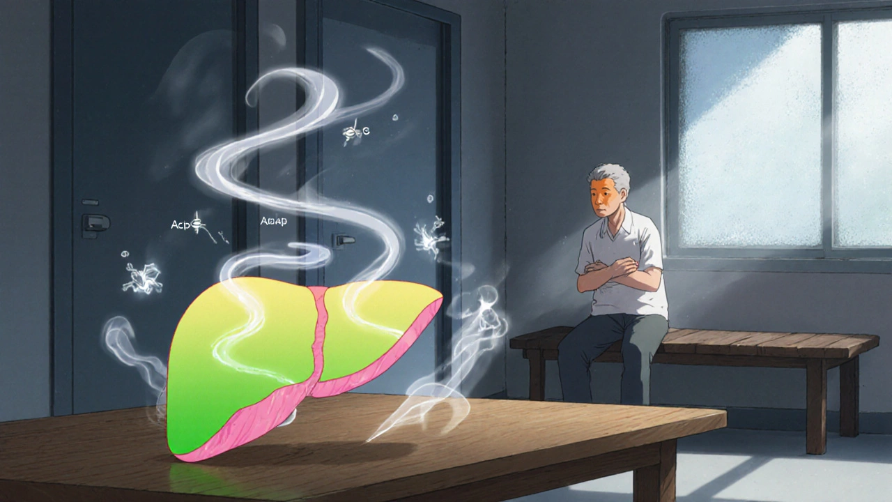 Foie stylisé montrant des signes de cholestase et un patient avec jaunisse.