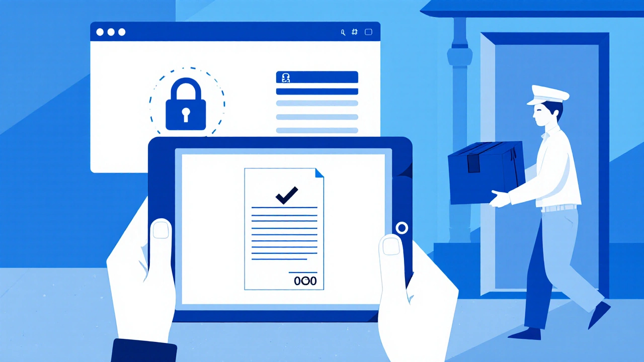 Illustration du processus d'achat légal en ligne : ordonnance numérique, paiement sécurisé, livraison.