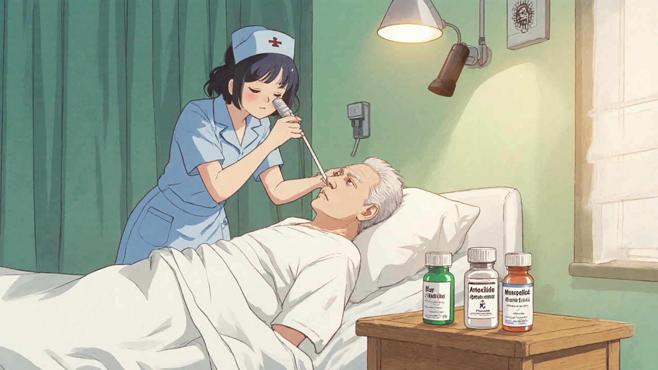 Infirmière administrant de l'oxygène à un patient âgé, entourée de médicaments.