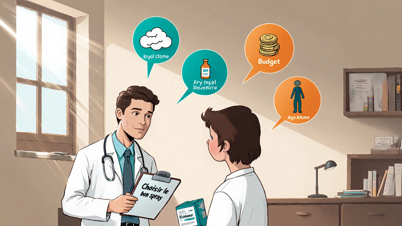 Médecin conseille le choix du spray selon symptômes, budget, âge, style BD.