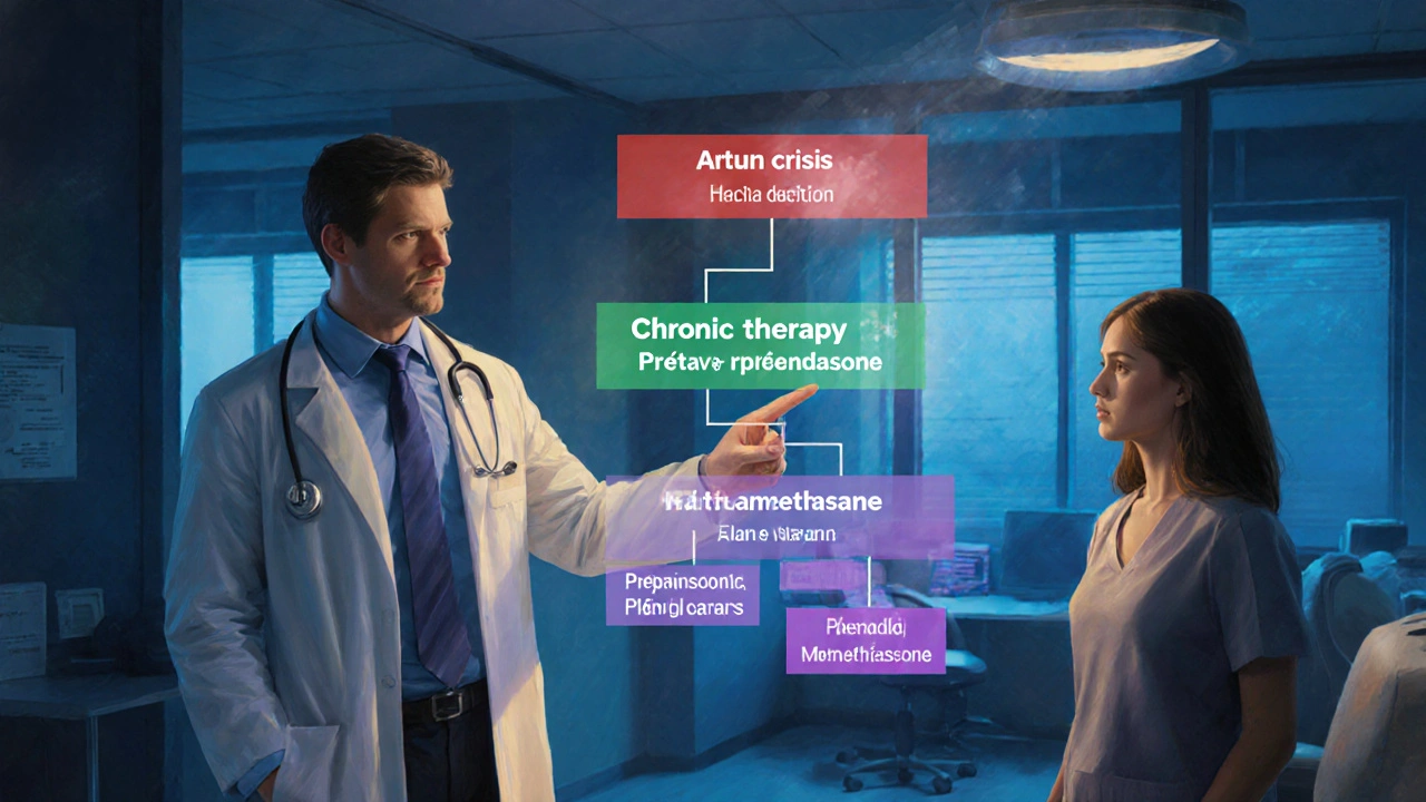 Médecin devant un arbre décisionnel holographique comparant corticoïdes selon le contexte.