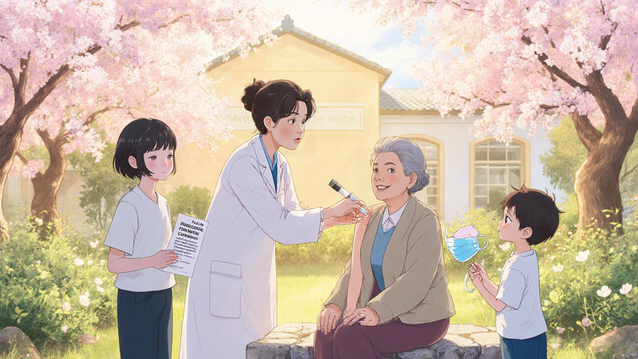 Médecin vaccinant une femme âgée dans un jardin, symbolisant la prévention.