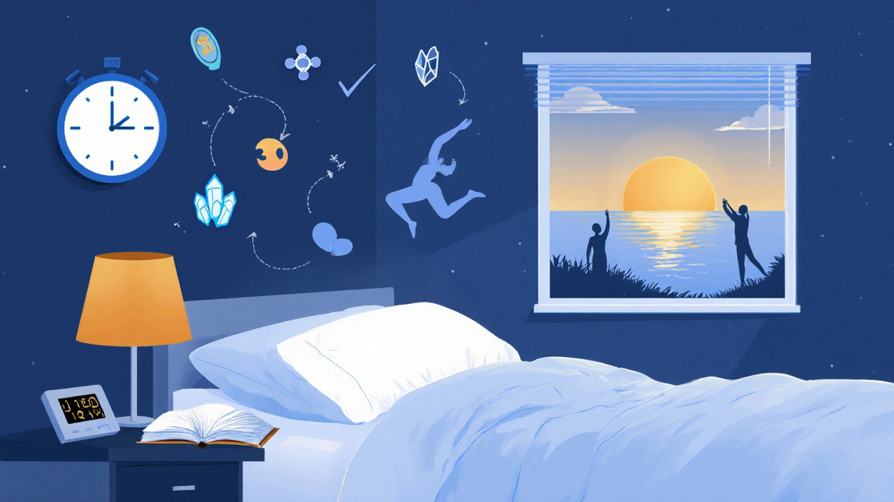 Nuit sereine avec livre, lampe, fenêtre au lever du soleil et symboles de calcium et vitamine D pour un sommeil protecteur.
