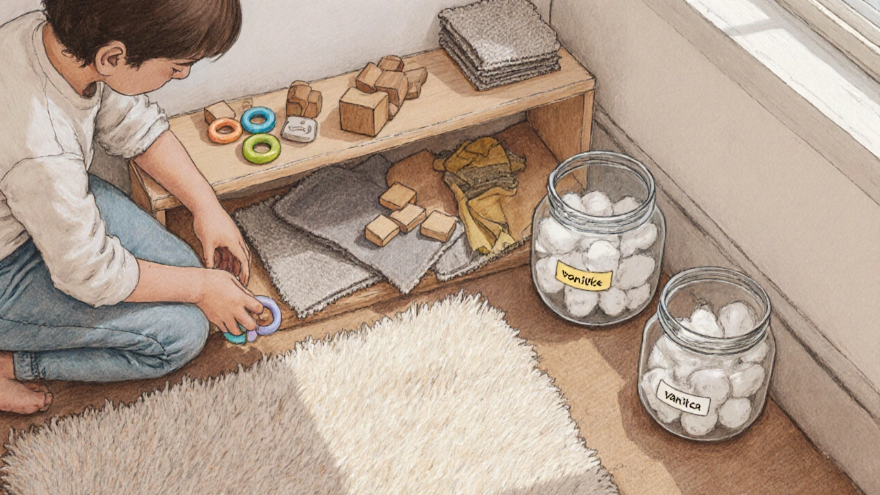 Parent préparant un coin sensoriel avec jouets en bois, silicone et tissus parfumés.