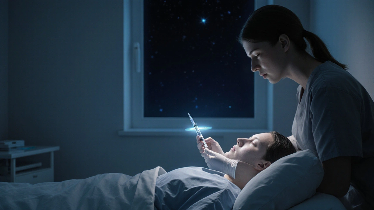 Patient en pré‑opération recevant une injection de Prométhazine, ambiance nocturne sereine.