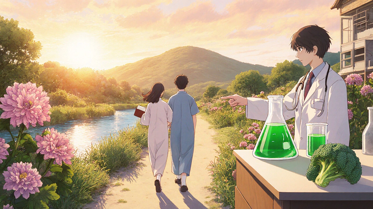 Patient et médecin marchant dans un jardin, évoquant suivi et guérison, avec laboratoire de recherche en arrière‑plan.