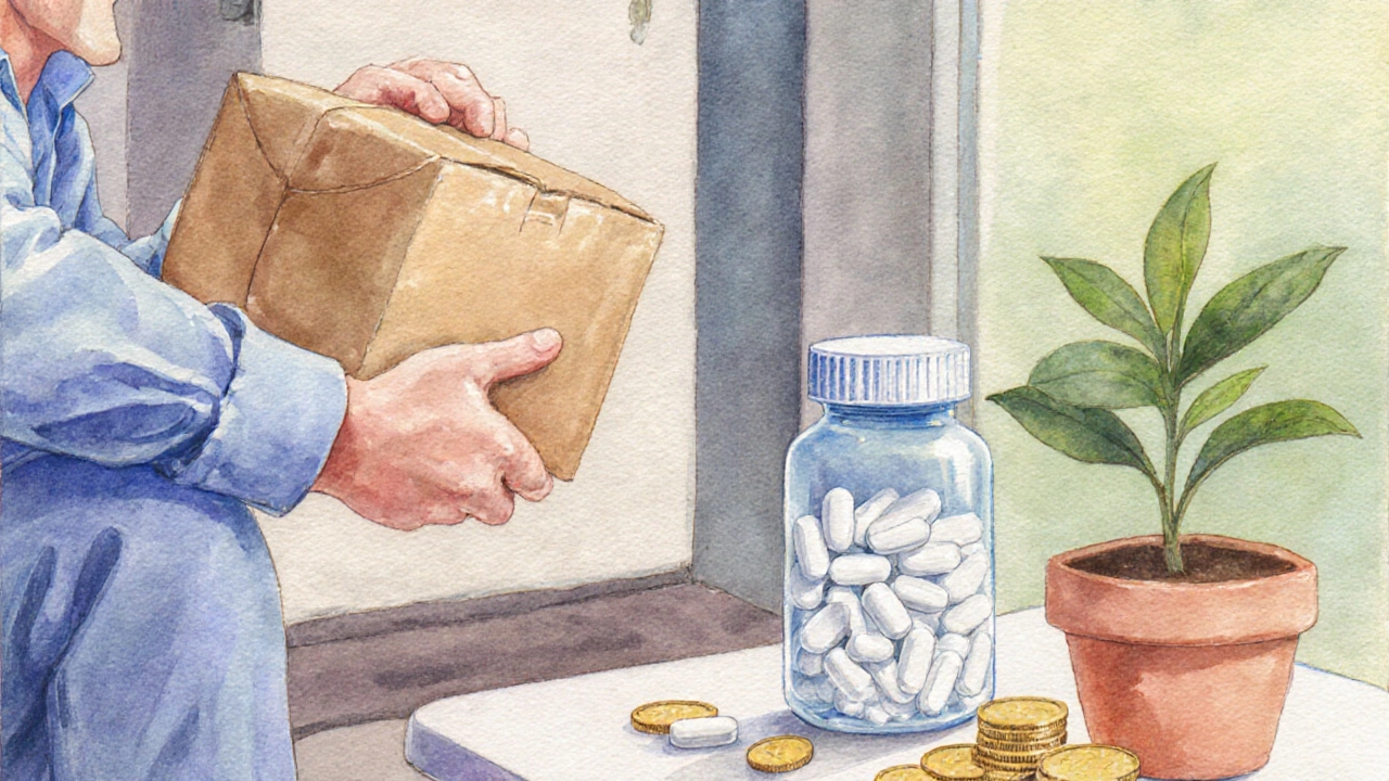 Patient heureux recevant un colis contenant des pilules génériques, entouré d'économies symbolisées.