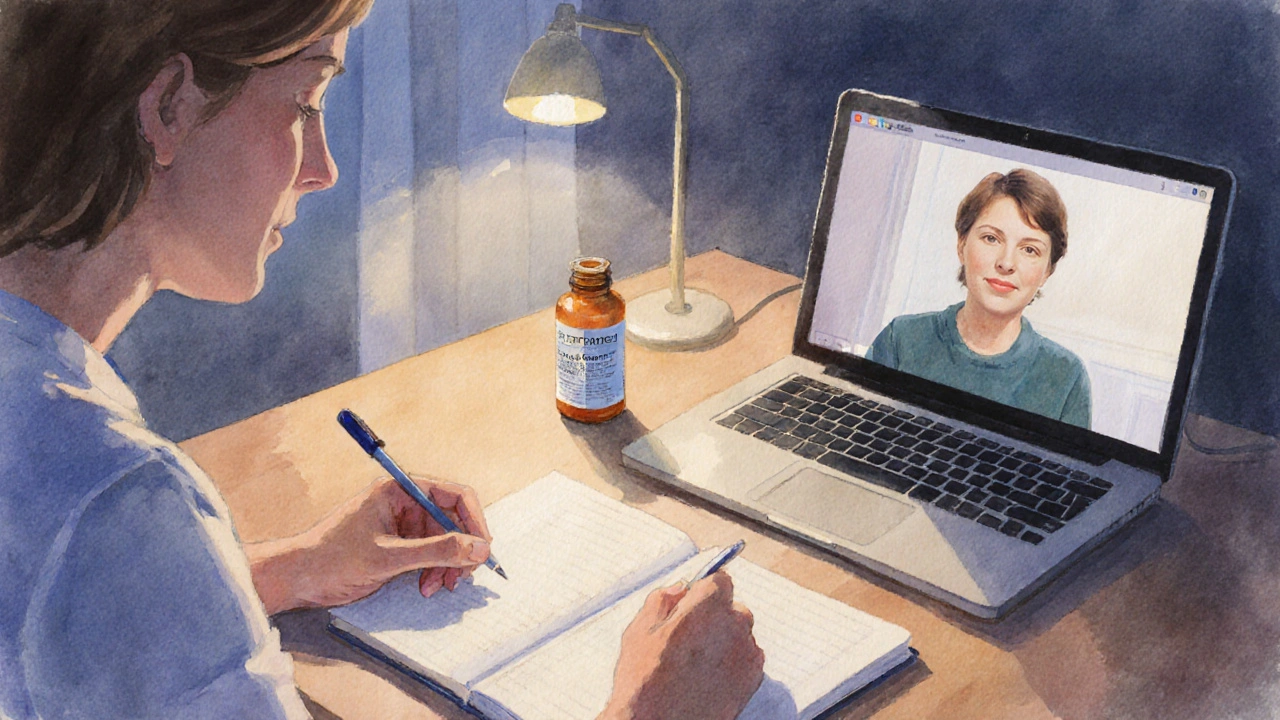 Patient notant ses effets tout en conversant avec son thérapeute pendant une transition de traitement.