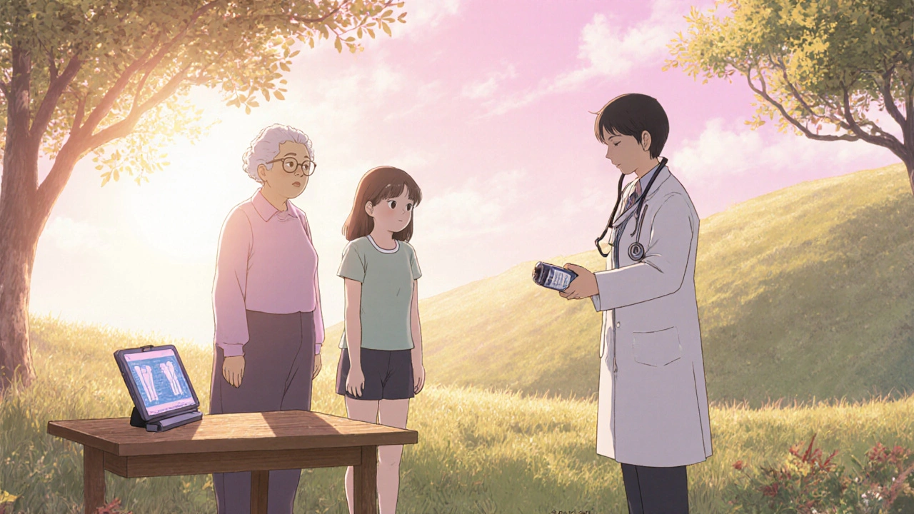 Personnes âgées et jeunes faisant des exercices avec un médecin et un scanner DXA au lever du soleil.