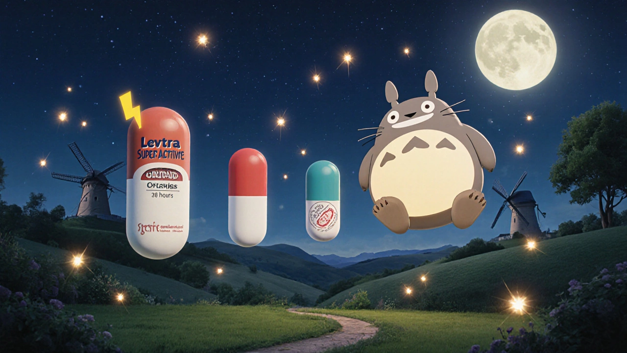 Quatre pilules magiques flottant dans un jardin sous la lune, chacune représentant un traitement différent pour la dysfonction érectile.