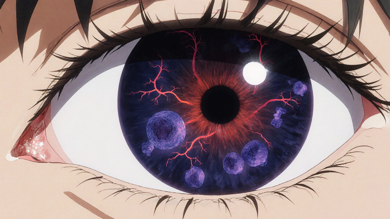 Rétine inflammée avec macula épaissie et vaisseaux anormaux, ambiance Ghibli.