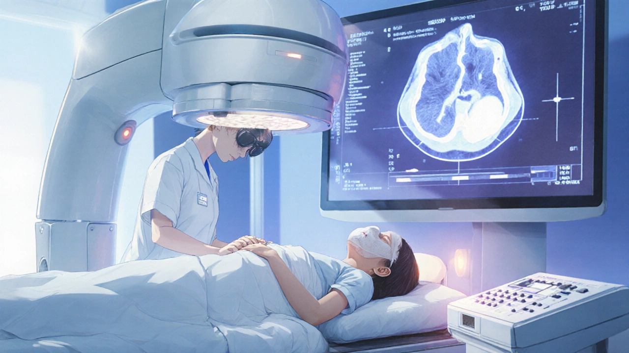 Salle de radiothérapie avec patient sous un accélérateur linéaire, technicien et scanner CT.