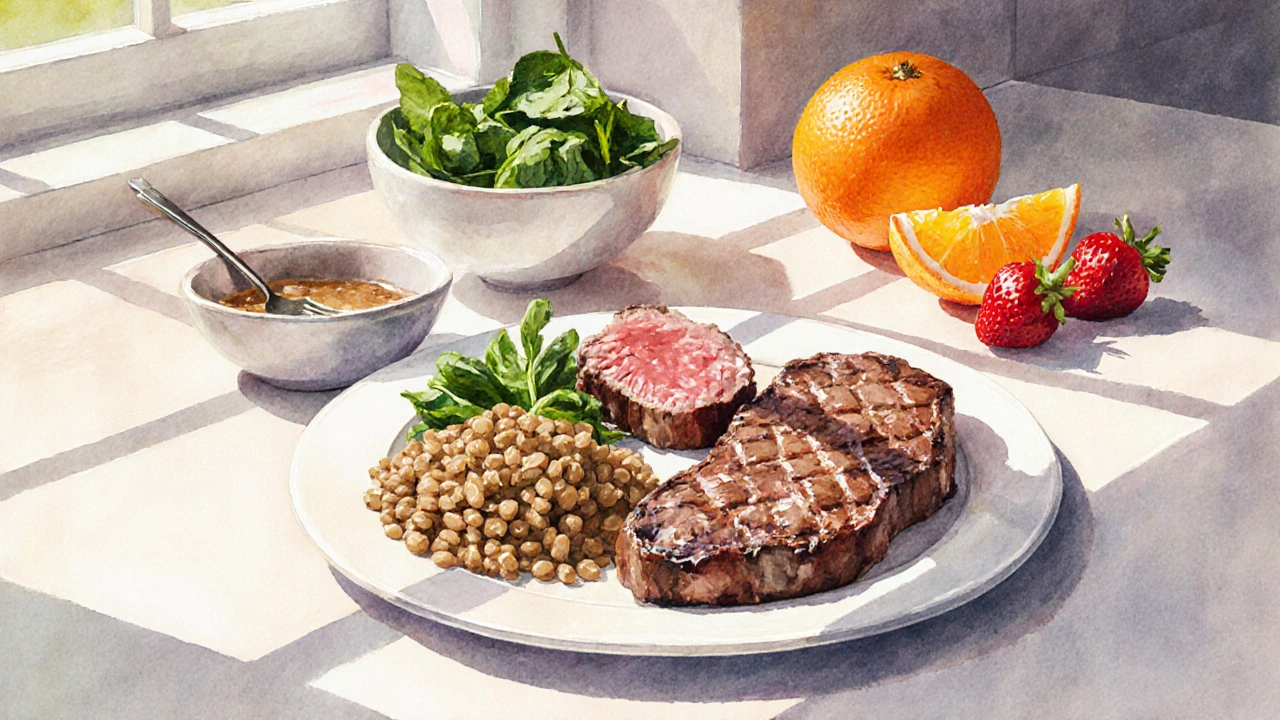 Scène d'un repas riche en fer avec steak, lentilles, épinards et orange.