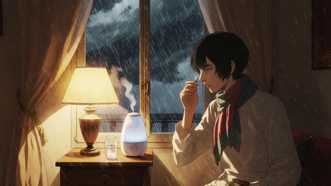 Scène intérieure cosy avec humidificateur, foulard en soie et une fenêtre montrant une tempête.