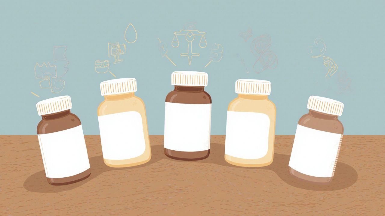 Six flacons de médicaments antidépresseurs disposés avec des symboles de leurs effets secondaires.