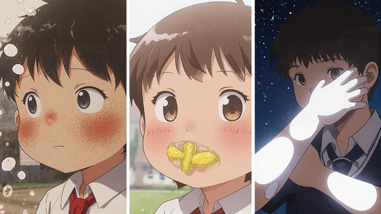 Trois vignettes montrant eczéma rouge, impétigo croûteux et vitiligo dépigmenté, en style Ghibli.