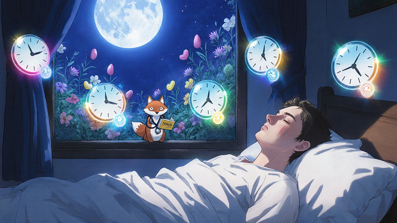 Un homme au lit entouré d&#039;horloges flottantes représentant la durée d&#039;action des traitements de la dysfonction érectile.