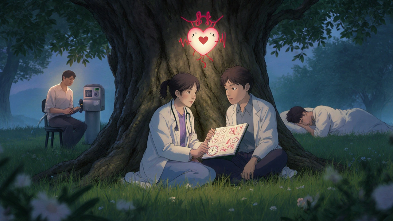 Un médecin et un patient discutent sous un arbre, guidés par un esprit en forme de battement de cœur, symbolisant les options de traitement.