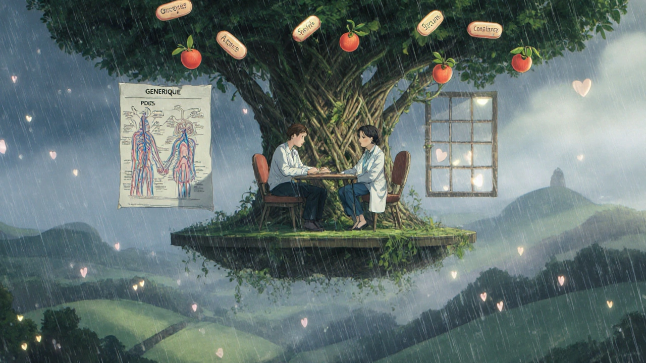 Une consultation médicale flottante au-dessus d&#039;un paysage français, avec des diagrammes sanguins lumineux et un arbre aux fruits-pilules.