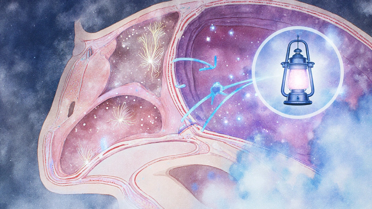 Vue stylisée du nez montrant les terminaisons nerveuses et l’air humide déclenchant un éternuement.