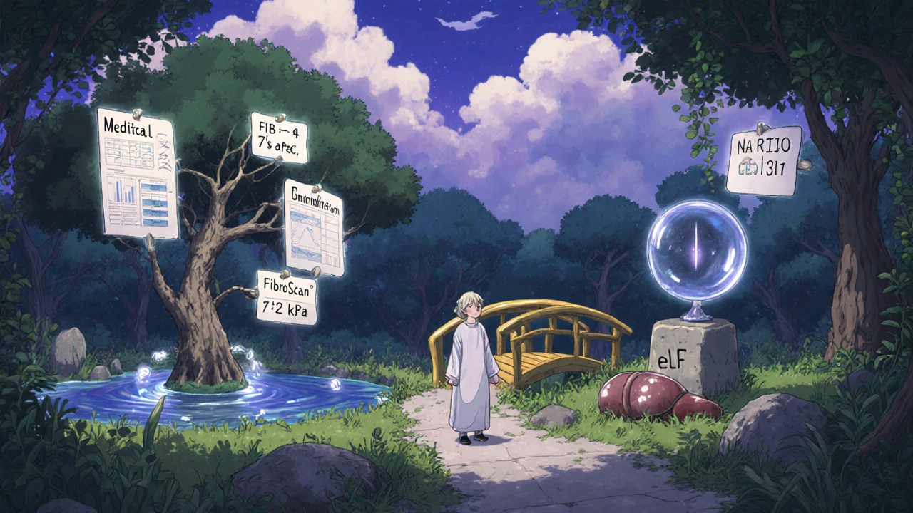 Arbre magique guidant un patient vers des tests non invasifs, avec une biopsie oubliée sous les plantes.