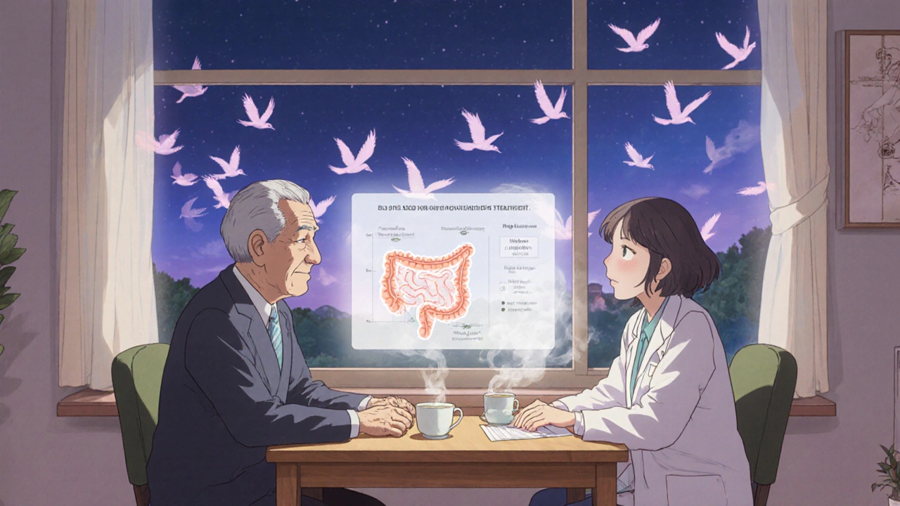 Consultation médicale douce avec un diagramme holographique du côlon et des oiseaux en forme de contractions intestinales au loin.