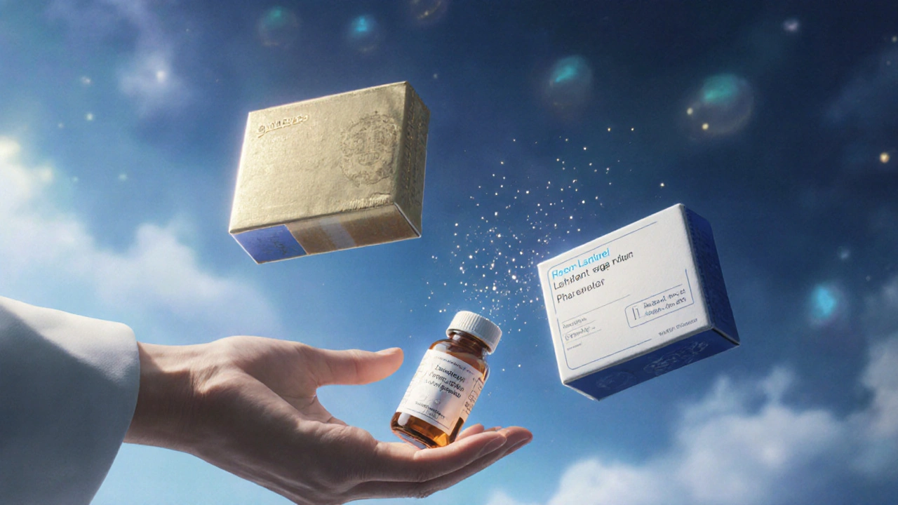 Deux boîtes de médicaments flottant dans l&#039;air, l&#039;une de marque et l&#039;autre générique, avec des particules invisibles représentant des allergènes.