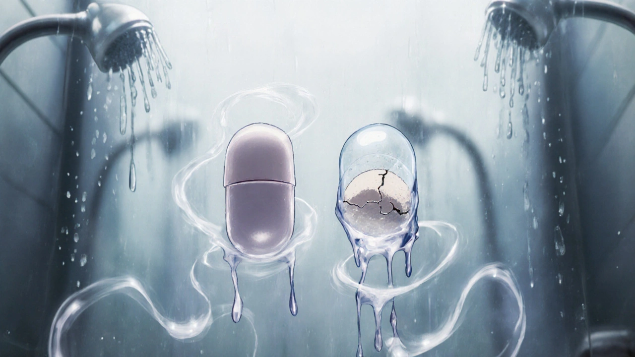 Deux comprimés côte à côte : l&#039;un intact, l&#039;autre dégradé par l&#039;humidité, dans une salle de bain brumeuse.