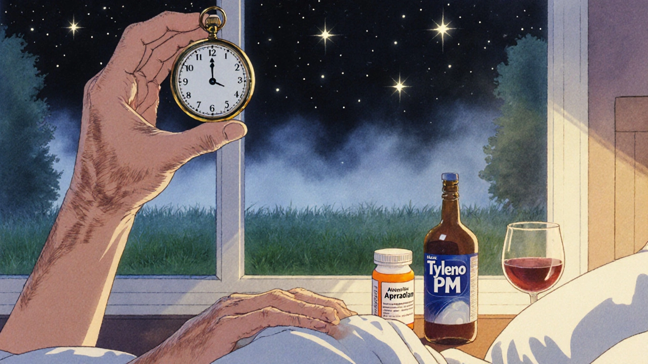 Deux mains comptant les respirations d&#039;une personne endormie, avec des médicaments et un verre de vin sur la table.