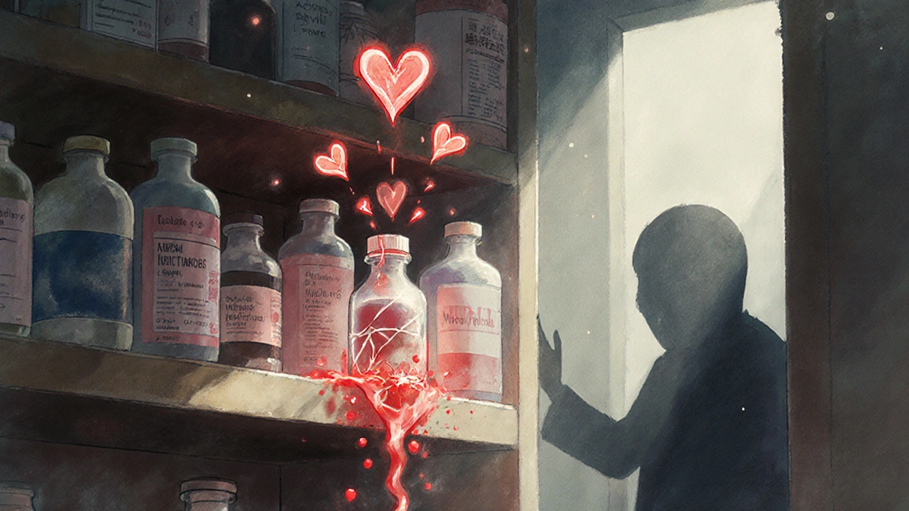 Étagère de pharmacie avec des comprimés qui se transforment en formes de cœur squelettiques, lumière douce et atmosphère onirique.