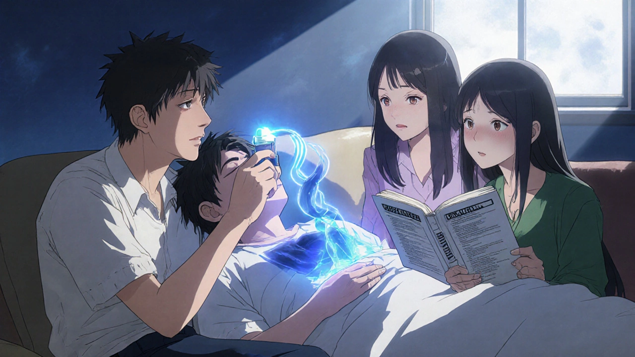 Famille administre du naloxone à une personne endormie, un guide médical flotte près d&#039;eux.