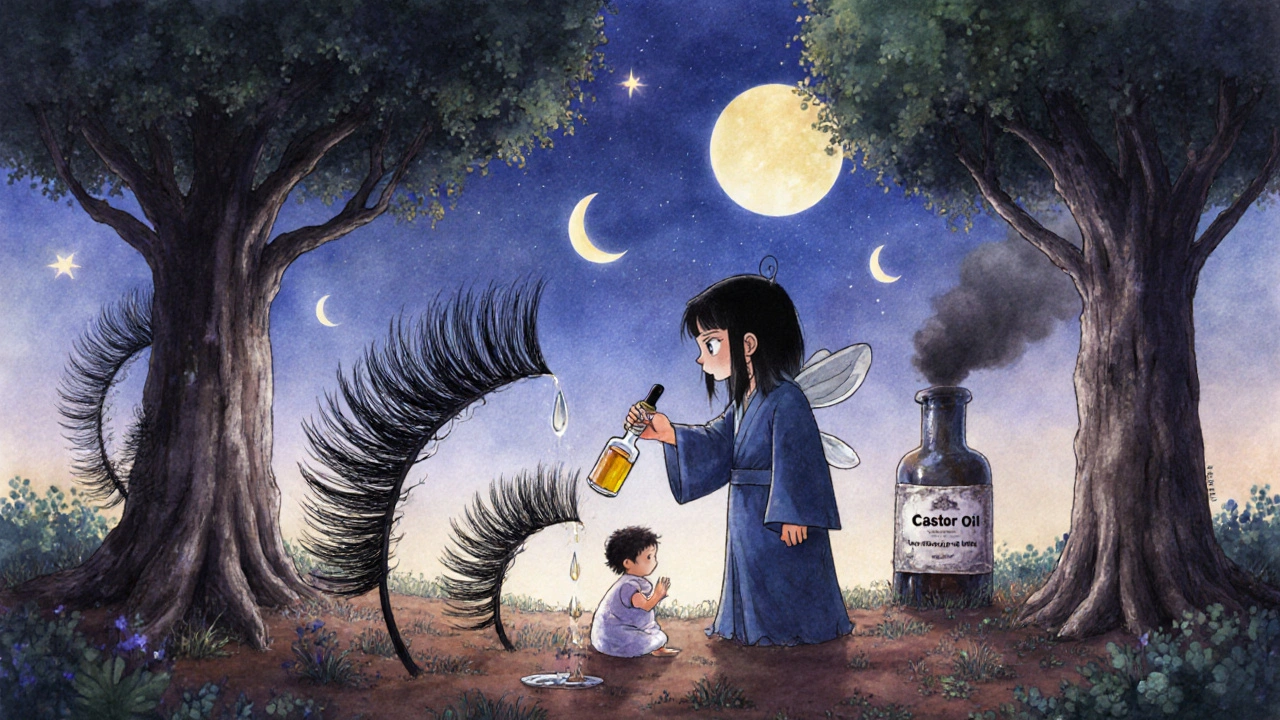 Forêt de cils magiques sous un ciel crépusculaire, un esprit les arrose avec une goutte.