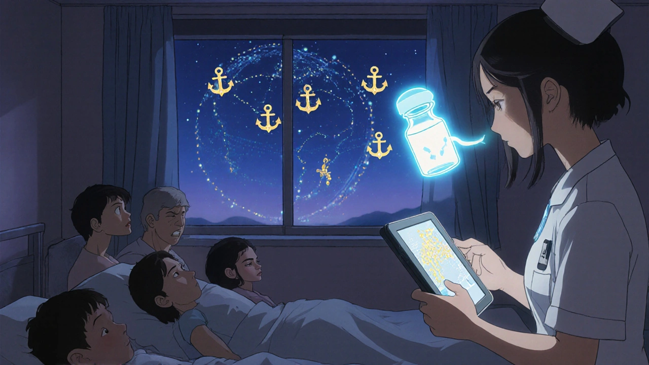 Infirmière regardant une carte de traçabilité médicale flottante au-dessus d&#039;un patient, sous un ciel étoilé formant des ancrages de sécurité.