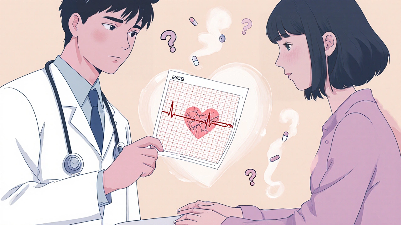 Médecin montrant un ECG anormal à un patient, un cœur fantomatique flotte entre eux, ambiance émotionnelle et subtile.