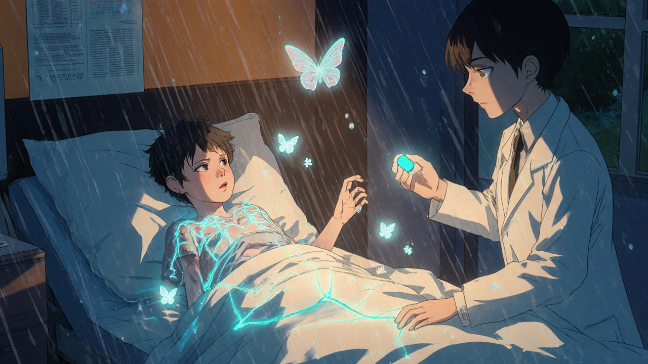 Patient hospitalisé avec des contractions musculaires lumineuses et des gouttes de sueur flottantes, un médecin tend une pilule.