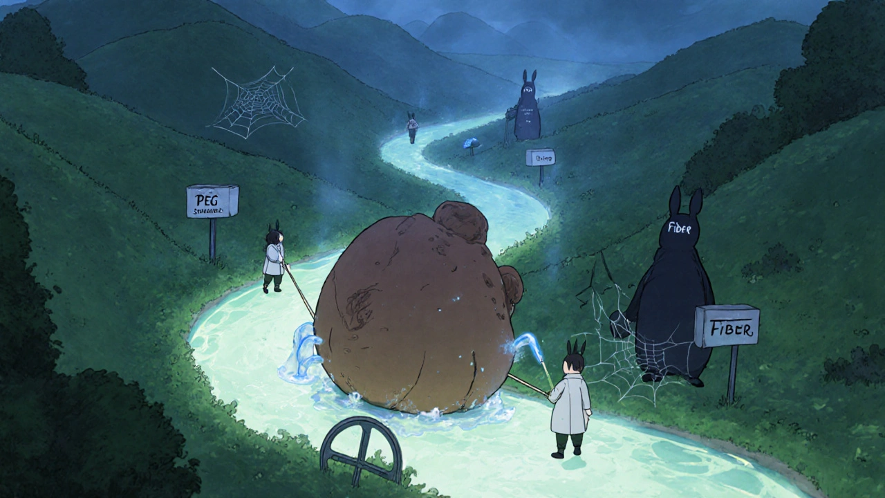 Paysage intestinal fantastique avec un rocher dur poussé par des personnages aidés par de l&#039;eau et des signes PEG et Sennosides.