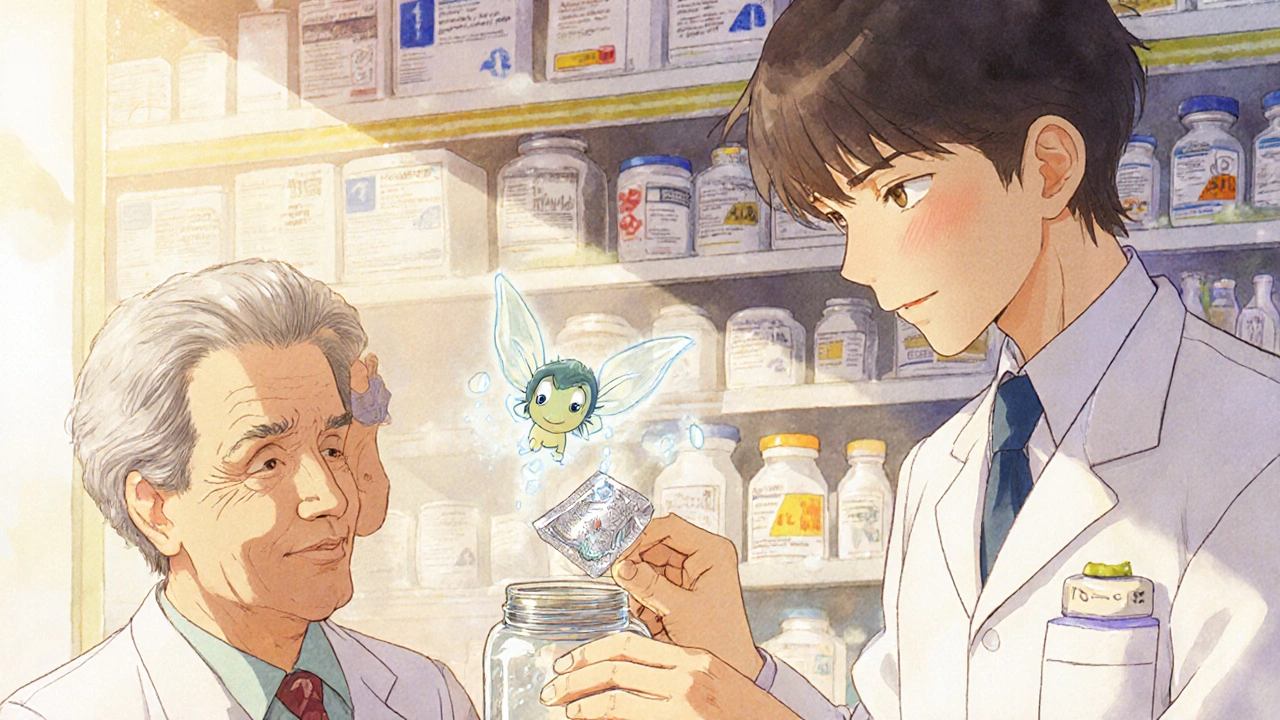 Pharmacien ajoute un sachet désiccant à une boîte de médicaments, patient souriant, créature de vapeur capturée.