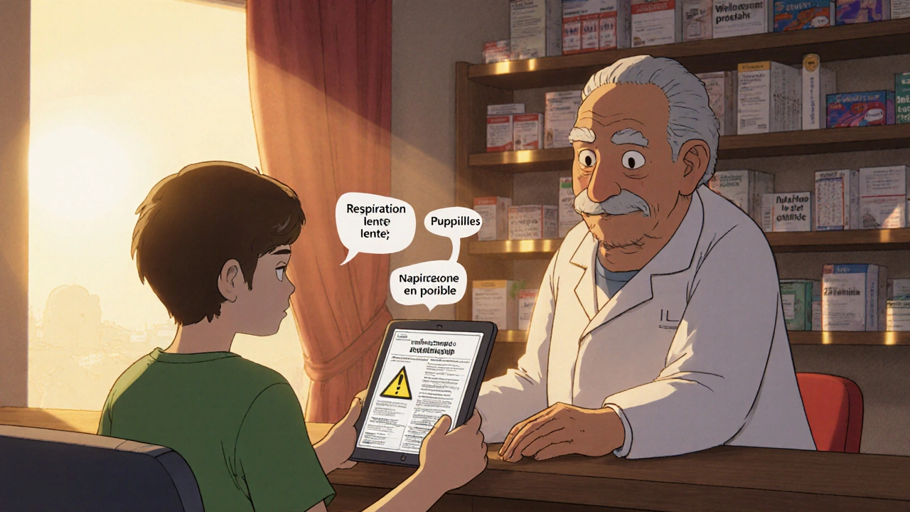 Pharmacien remettant un guide médicamenteux numérique à un patient dans une pharmacie chaleureuse.