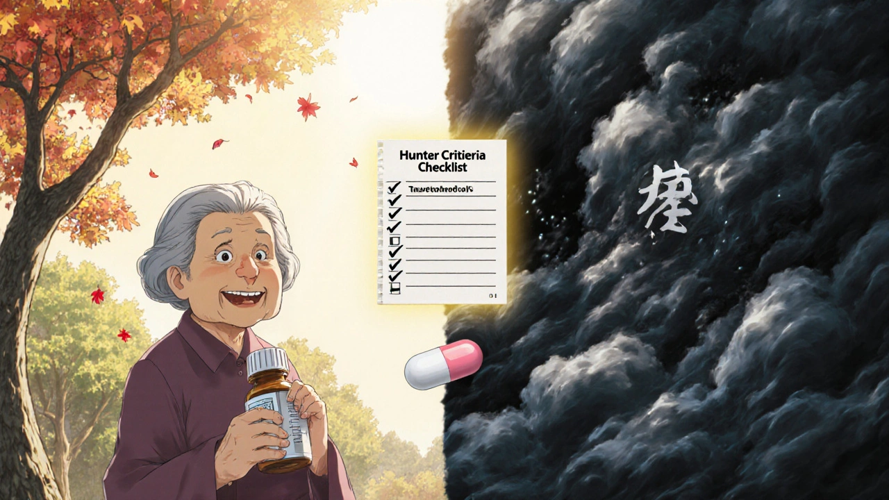 Scène divisée : femme heureuse à gauche, tempête de sérotonine à droite, une pilule de tapentadol flotte au milieu.