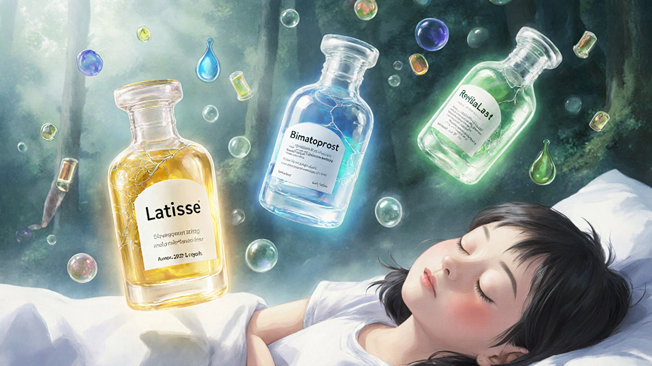 Trois flacons magiques flottant près d&#039;une jeune fille, chacun représentant une solution pour les cils.