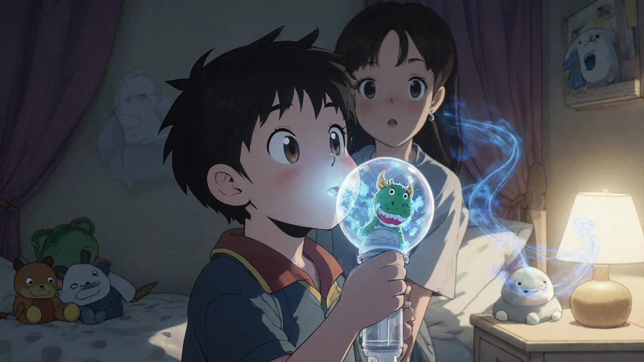 Un enfant respire doucement à travers un spacer en forme de dragon, des particules lumineuses flottent dans l&#039;air.