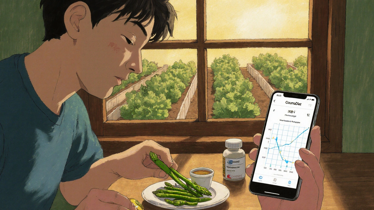 Un homme prépare son repas quotidien avec des asperges cuites et utilise une application pour suivre sa vitamine K.